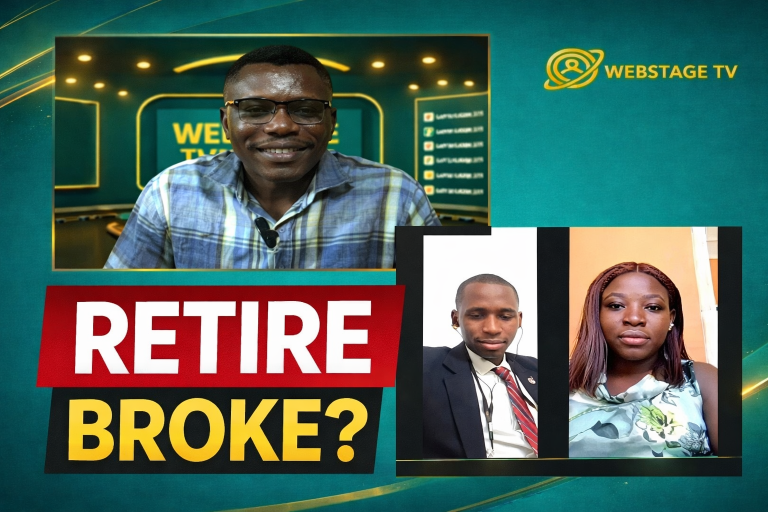 thumbnail image if interviewer nestor & two experts from leadway assurance, with inscription "retire broke?"